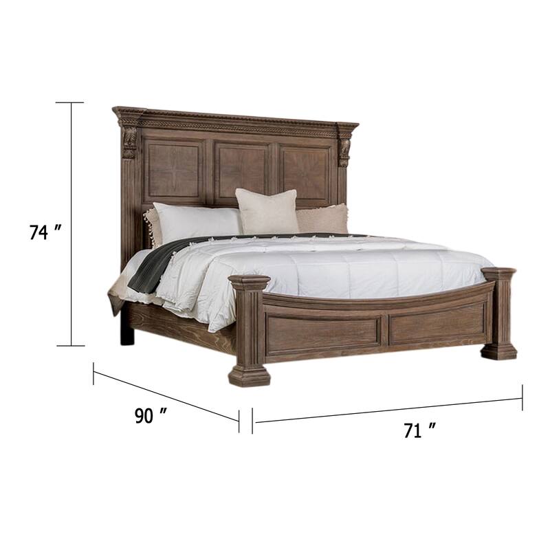 Reven Queen Bed, Weathered Oak Solid Wood, Intricate Carved Details