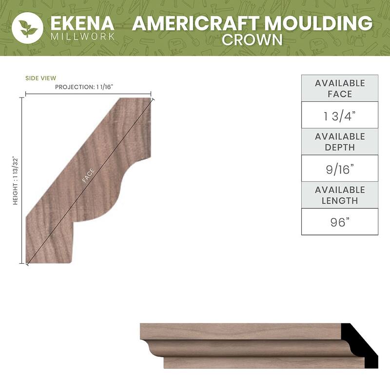 WM60: 1-2/5-in H x 1-in P x 1-3/4-in F x 96-in L Americraft Solid Hardwood Stain Grade Crown Moulding