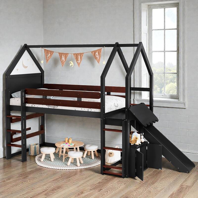 Twin Loft Bed with Slide and Bookshelf, Kids House Bed with Stairs, Safety Rails, Playful Design