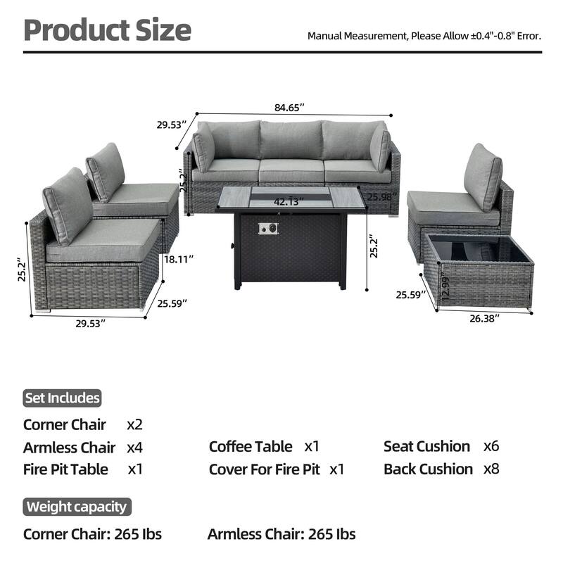 XIZZI 8-piece Patio Wicker Furniture Sectional Set with Firepit