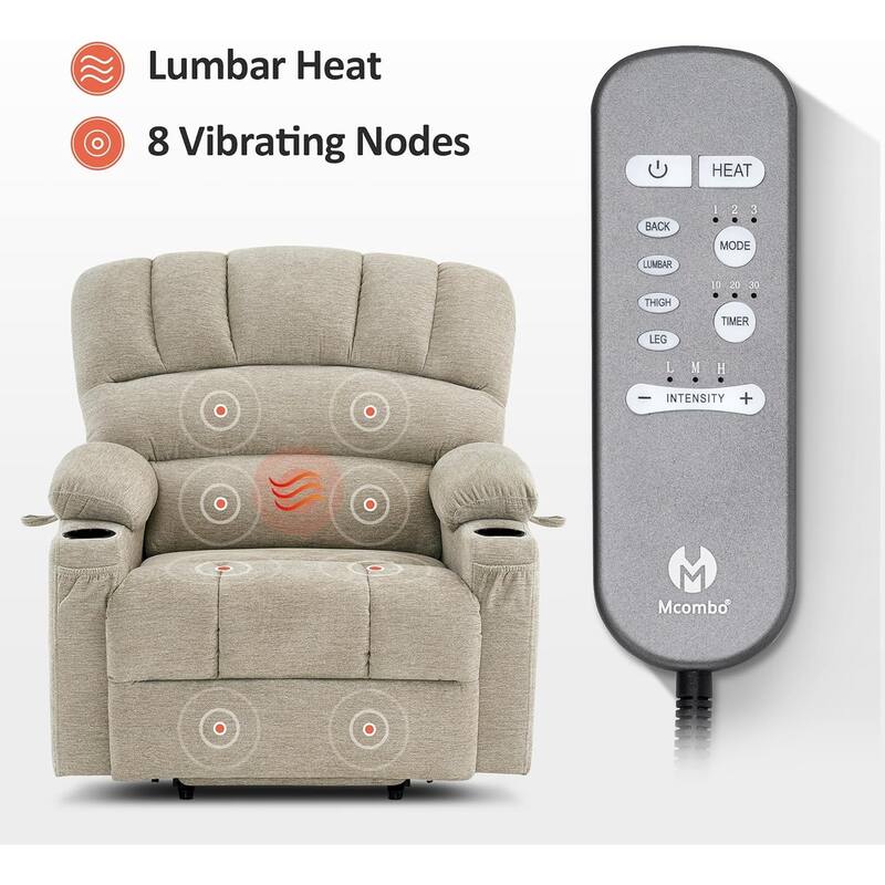 MCombo Recliner Chair Sofa with Massage and Heat, Fabric R7096 (Medium-Wide)
