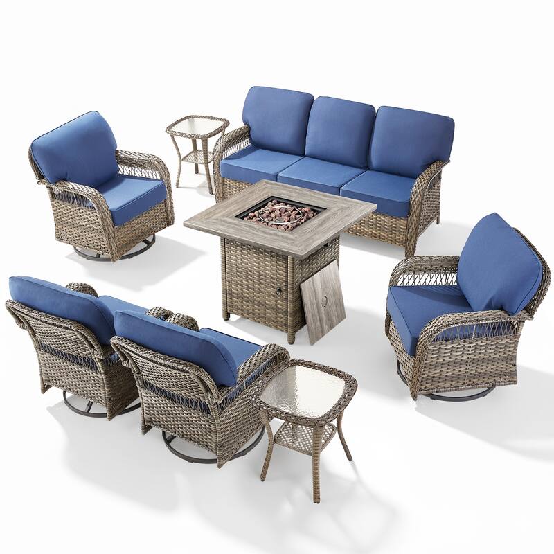 Pocassy Outdoor Sofa Ottoman Swivel Chair Table with Fire Table Funiture Set.