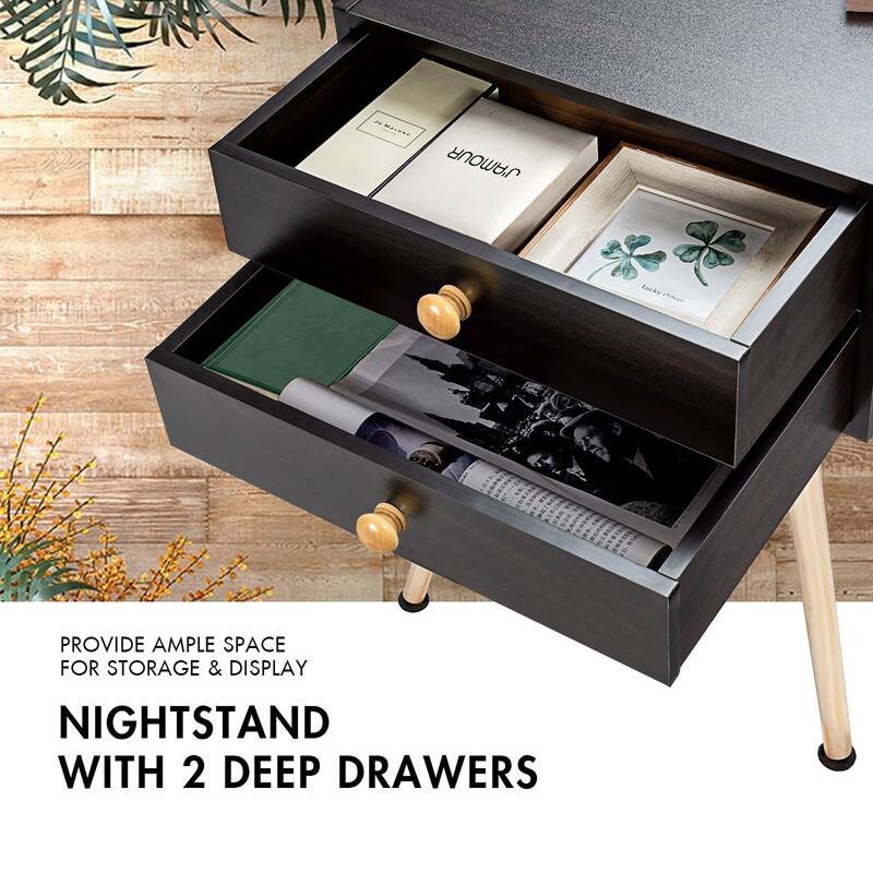Costway 2 PCS Mid Century Modern 2 Drawers Nightstand Sofa Side Table - See Details