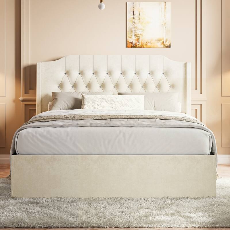 Tufted Upholstered Bed Frame with Crystal Button Accents