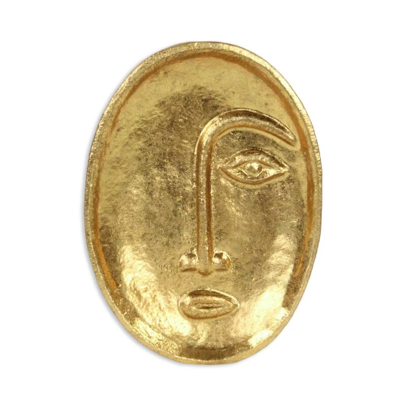 HomeRoots 8" Gold Cast Iron Mod Abstract Face Oval Trinket Tray