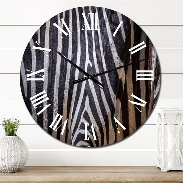 slide 1 of 8, Designart 'Black And White Structure Of Zebra Skin' Patterned wall clock 23 In. Wide x 23 In. High