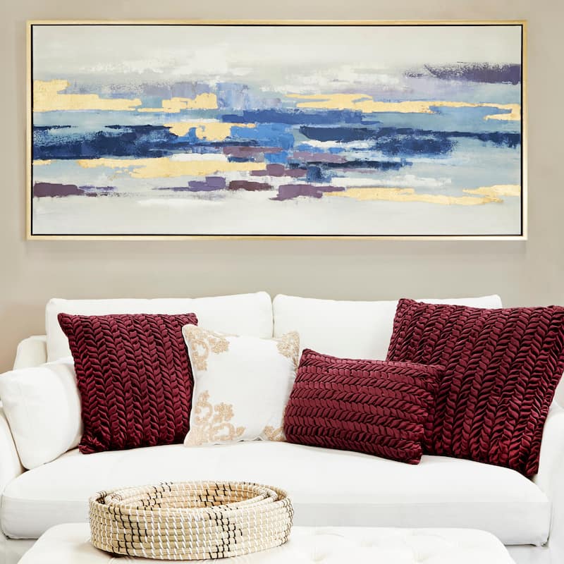 Canvas Abstract Long Horizontal Framed Wall Art with Gold Foil Accents - Blue - Roche River Decor