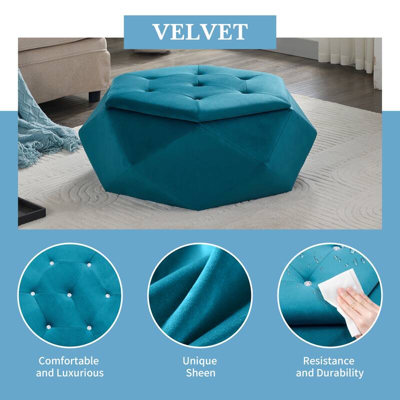 Blue Elegant Velvet Diamond Tufted Storage Ottoman - Multi-Functional Seating for Living & Bedroom
