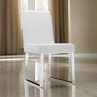 Ien 25 Inch Dining Chair Set of 2, Armless, White Faux Leather, Chrome