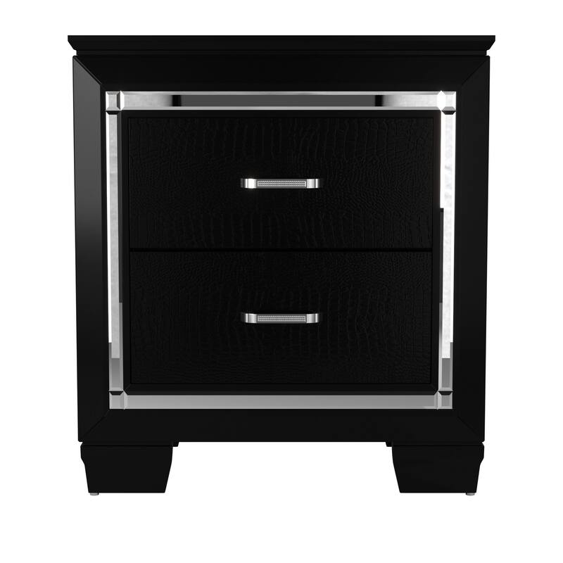 Glamorous Black Nightstand, 2 Dovetail Drawers, Faux Alligator Embossed Front - Black