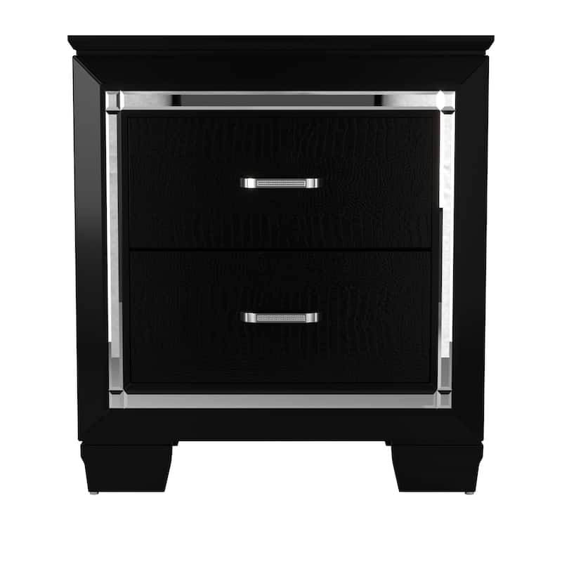 Glamourous 1pc Nightstand 2x Dovetail Drawers Faux Alligator Embossed Fronts Bedroom Furniture - Black