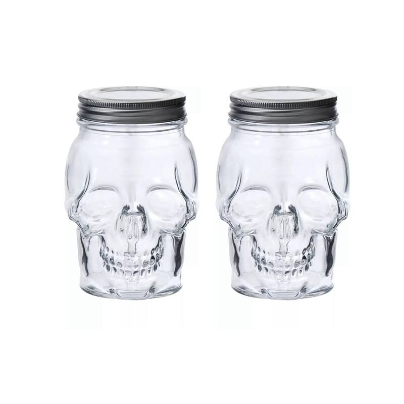 Skull Mason Jar Mug Glass Set (2 Containers & 2 Lids) Halloween Décor, Drinking Glasses, Storage Containers - 16-Ounce-Set-Clear