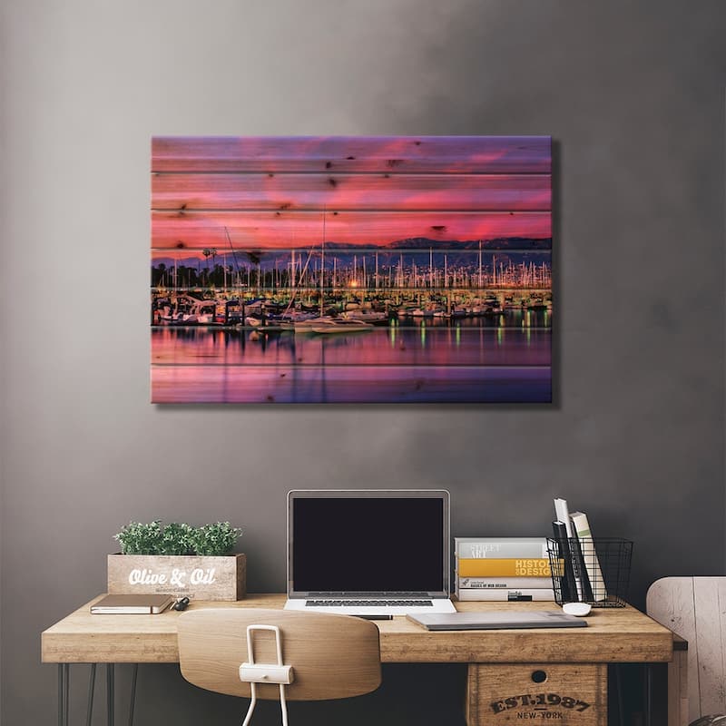 Stunning Magenta Sunset Over Santa Barbara Harbor, Santa Barbara County, California, USA Print On Wood by Panoramic Images