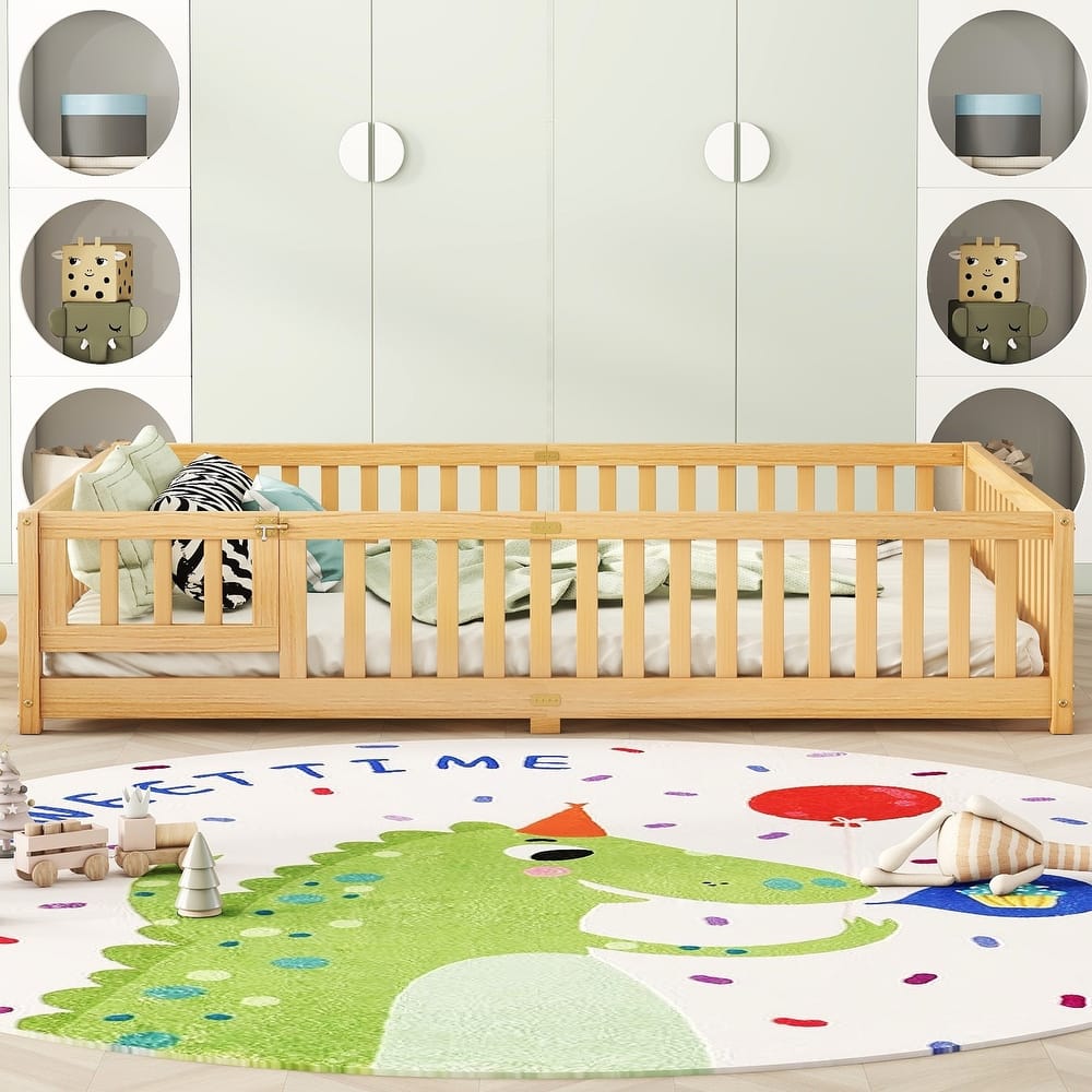 Wood Low Floor Bed Frame with Fence Guardrails,Platform Bed for Kids