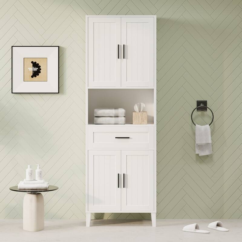 70.9" High Freestanding Tall Bathroom Cabinet with a Drawer, 2 Cabinets, 4 Soft-Close Doors, 2 Adjustable Shelves, Open Storage