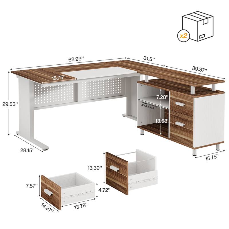 63-Inch L-Shaped Executive Desk with Storage Shelves
