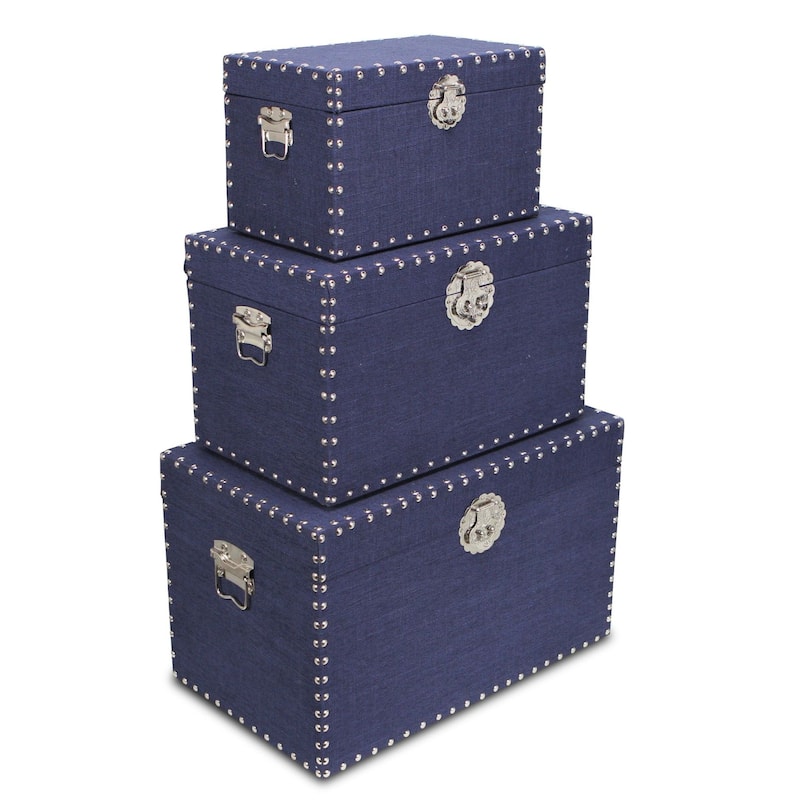 Set of 3 Denim Blue and Silver Studded Storage Trunks 19.75"