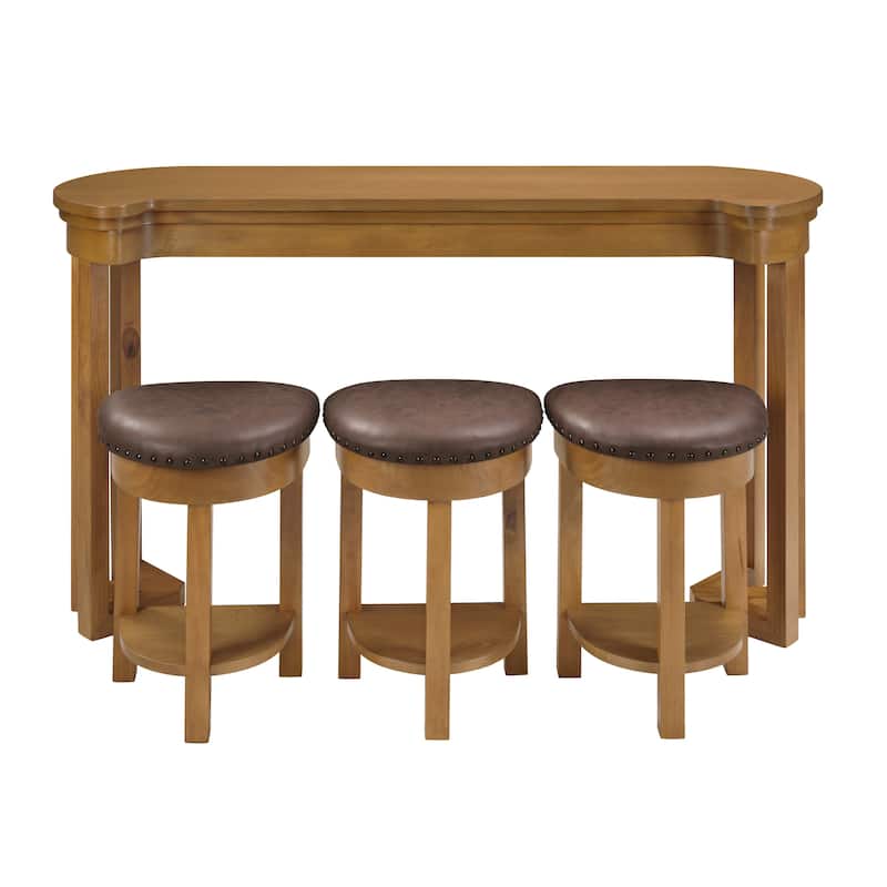 4 Piece Bar Table Set with 3 PU Upholstered Bar Stools, Breakfast Table with 3 Padded Stools Solid Wood Counter Height