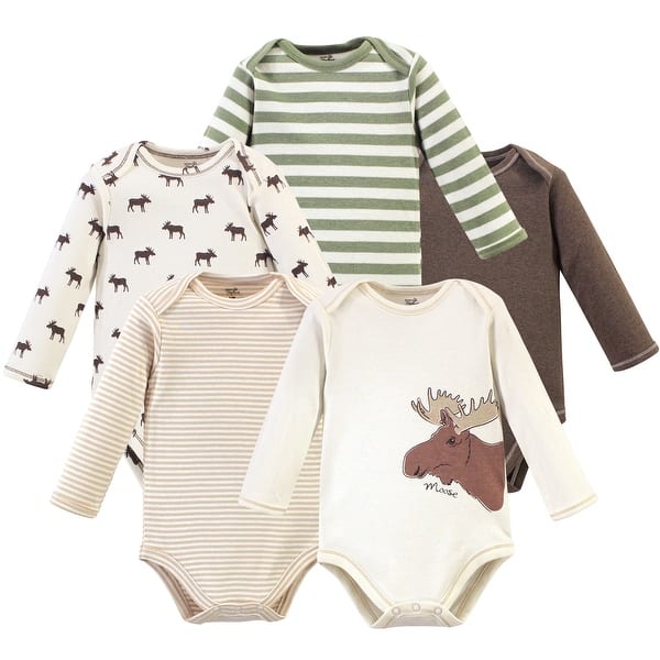 slide 1 of 1, Touched by Nature Baby Boy Organic Cotton Long-Sleeve Bodysuits 5pk, Moose 0-3 Months