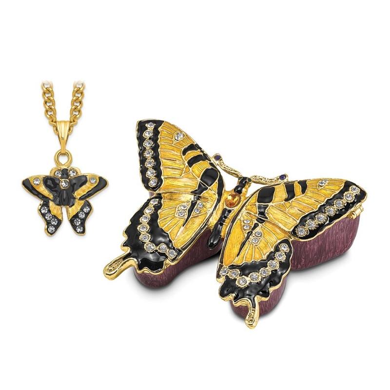 Curata Pewter Crystals Gold-Tone Enameled Marion Yellow Monarch Butterfly Trinket Box on 18 Inch Necklace