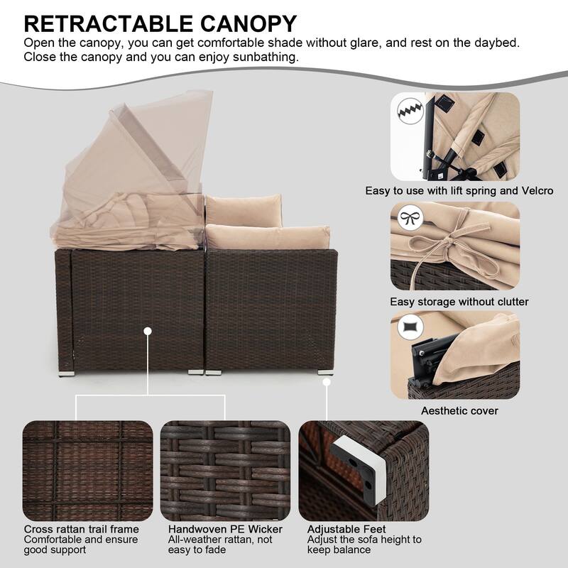 Erommy 6-Piece Patio Set - Rattan Daybed with Canopy & Adjustable Backrest