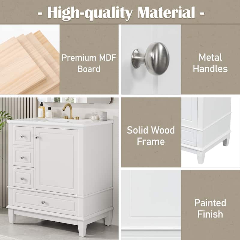 30" Bathroom Vanity with Sink - Soft Close Door, 3 Drawers & Storage Shelf, Modern Single Basin Cabinet