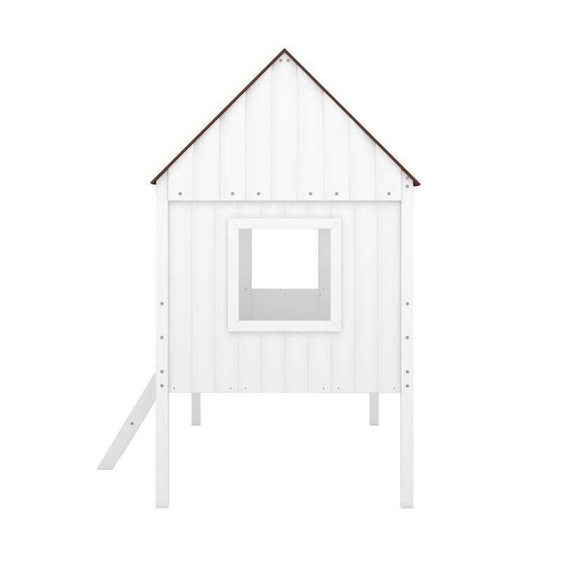 Low Loft Twin House Bed with Guardrail and Two Side Windows, Sturdy Wood Frame