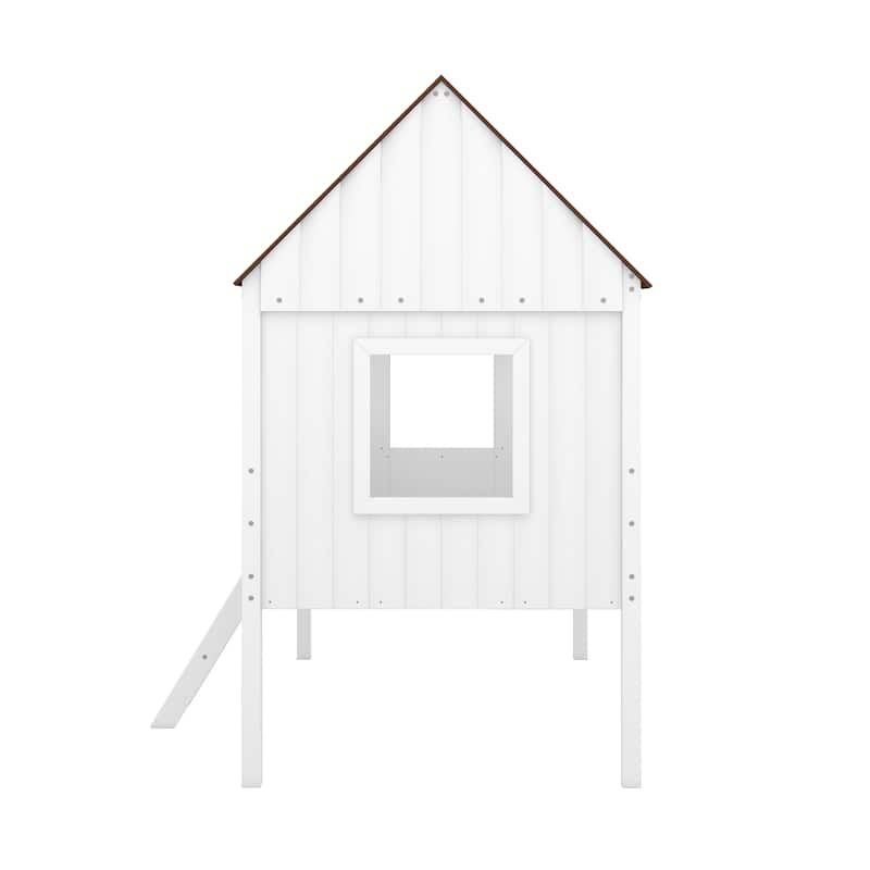 Low Loft Wood House Bed with 2 Side Windows