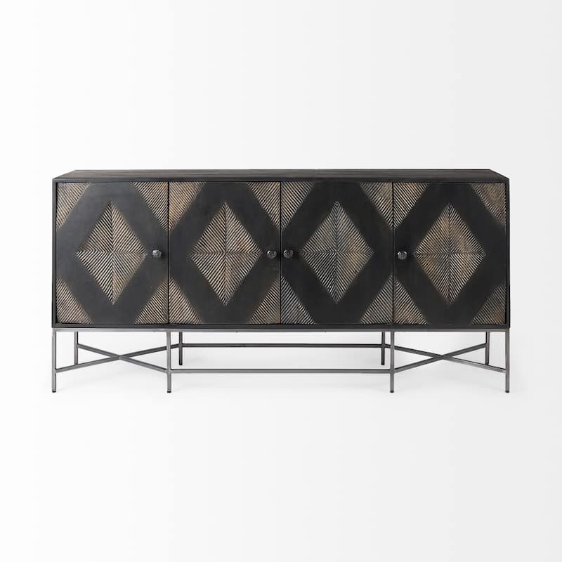 Hogarth I Two-Tone Brown Solid Wood Base Silver Frame 4 Cabinet Sideboard
