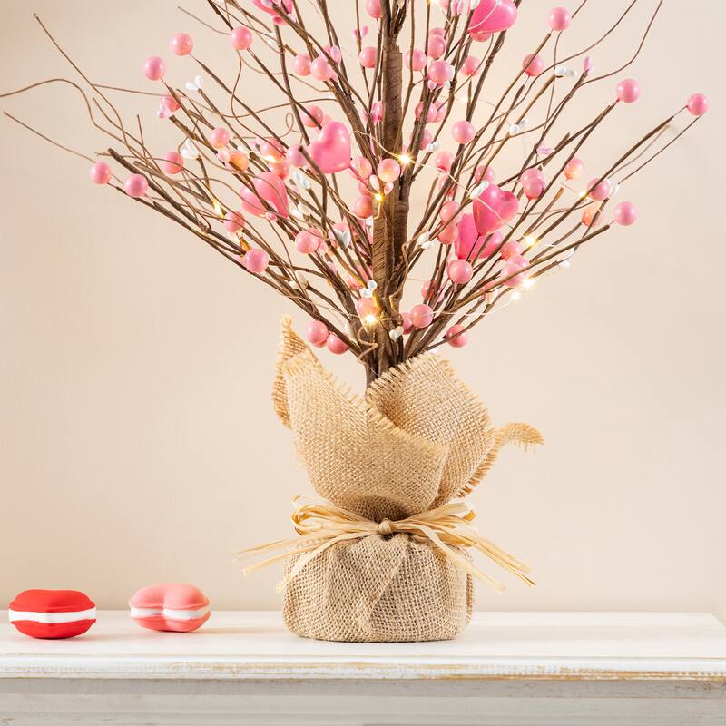 Glitzhome LED Lighted Valentine's Pink Berry Heart Table Tree