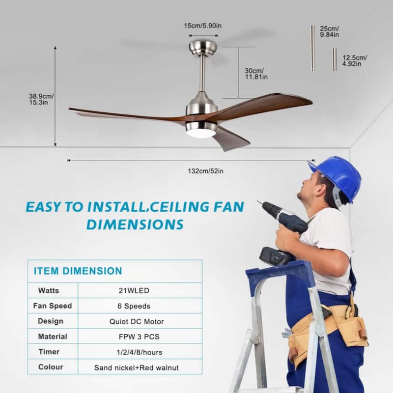 52" Ceiling Fan with Lights Remote Control,Quiet DC Motor 3 Wood Blade Ceiling Fans 6 Speed Levels(Stain nickel + Walnut )