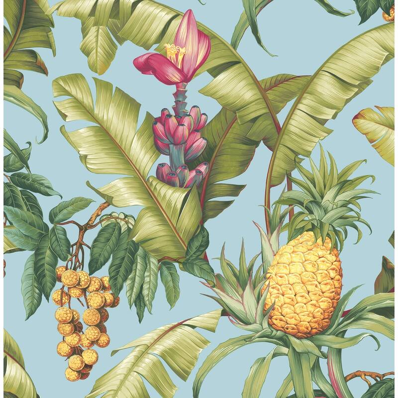 Seabrook Designs Pineapple Floral Unpasted Wallpaper - 20.5 in. W x 33 ft. L - Aqua
