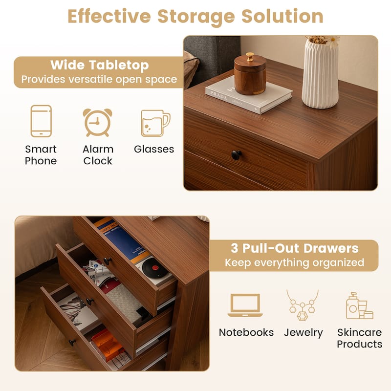 Gymax 3-Drawer Nightstand Wooden Bedside Table Modern Side End Table