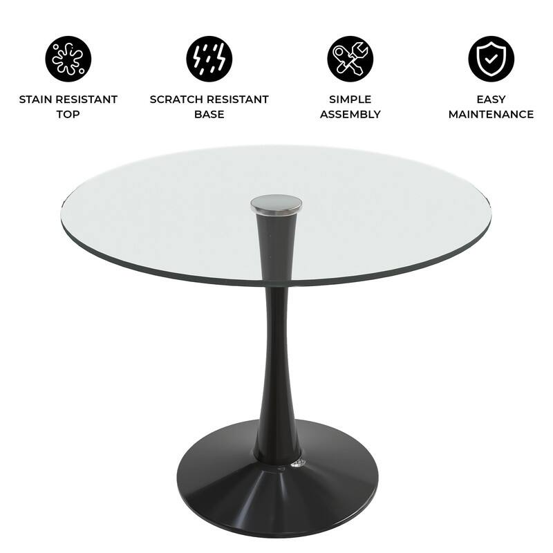 Bristol Round Dining Table with Glass Top and Steel Pedestal Base for Kitchen and Dining Room