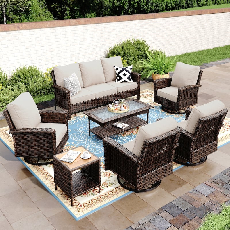 MAISON ARTS 7-Piece Extra-Large Patio Wicker Sofa Conversation Set with Table, Oversize Seat with 5.5'' Thick Padded Cushion - 7 Seats + 47'' Table + 17'' Rattan Table - Beige