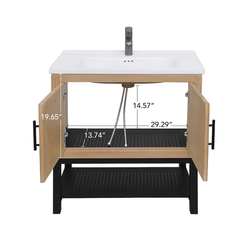 Roomfitters 32" Bathroom Vanity with Ceramic Sink, Freestanding Bathroom Cabinet with Storage & Open Shelf