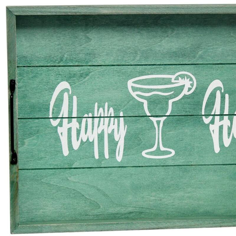 HomeRoots 16" Aqua And White Happy Hour Serving Tray With Handles - 15.50 in. x 2.25 in. x 12.00 in.
