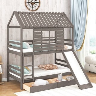 Twin over Twin Size House Bunk Bed with Convertible Slide and Two ...