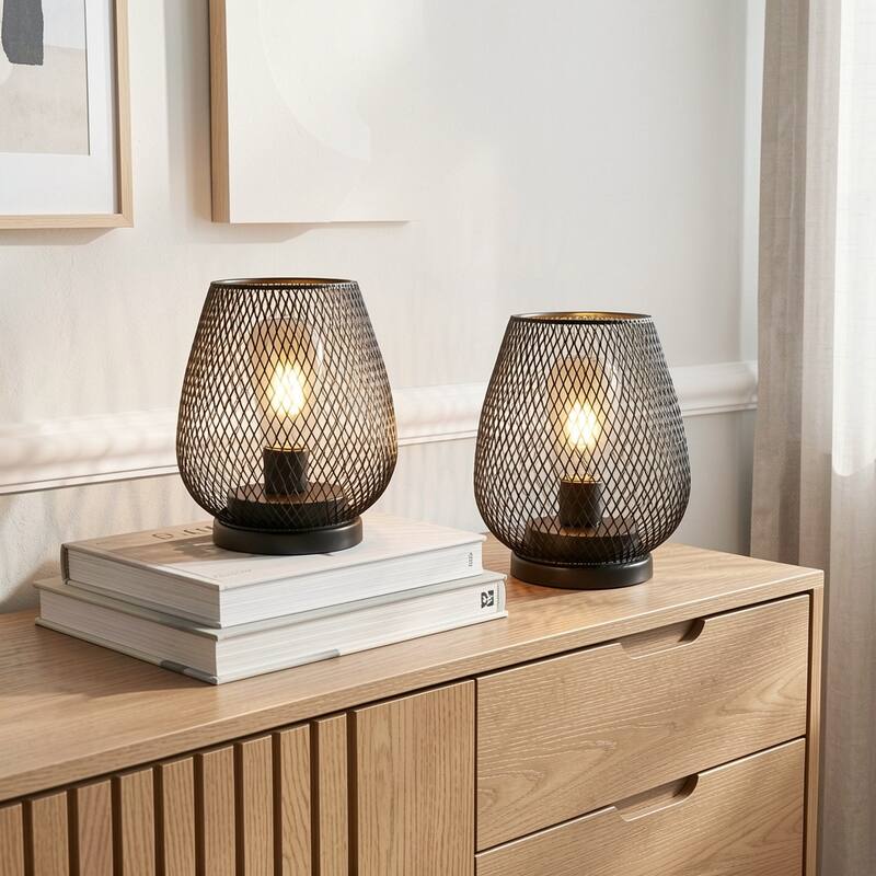 HomeRoots Set of Two 7" Antiqued Bronze Pierced Geometric Cordless Lantern Lamps - 5.50 in. x 6.50 in. x 5.50 in. - Brown - 5.50 in. x 6.50 in.  x 5.50 in.