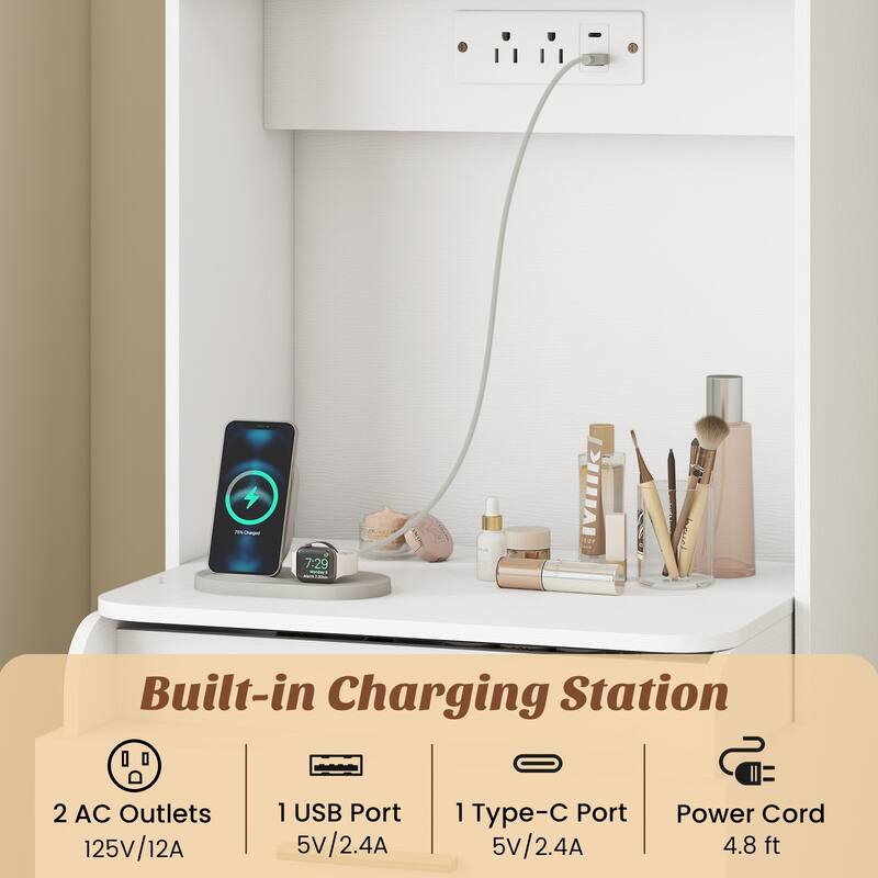 Gymax Makeup Vanity w/Flip-top Mirror Power Outlets & Hidden Storage