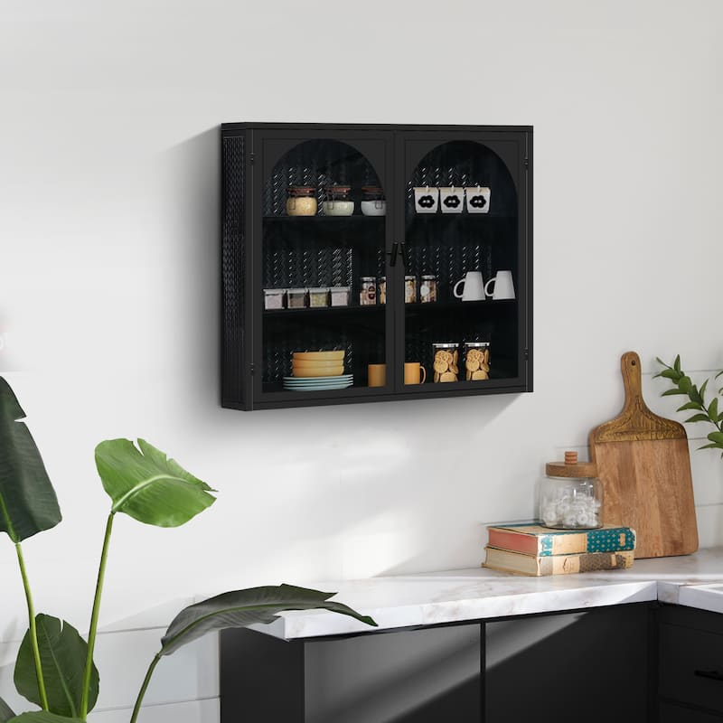 27.56"Glass Doors Modern Two-door Wall Cabinet with Featuring Three-tier Storage for Entryway,with Characteristic Woven Pattern - Black