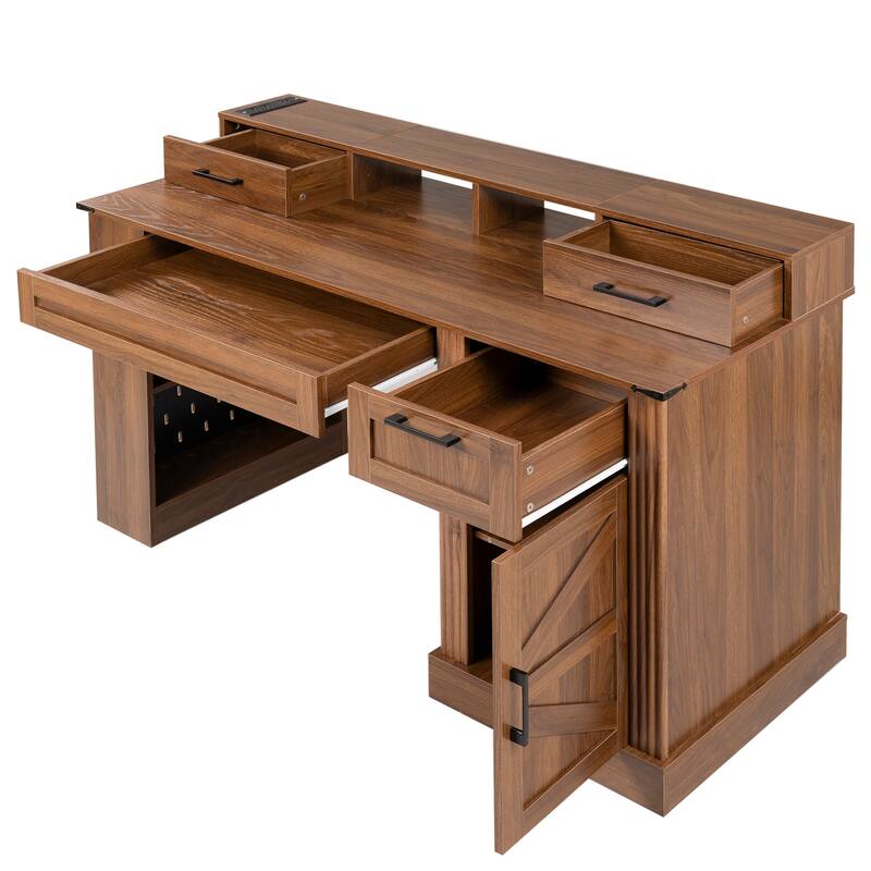 55" Farmhouse Office Desk with Storage, Charging Station, Barn Door & Keyboard Tray