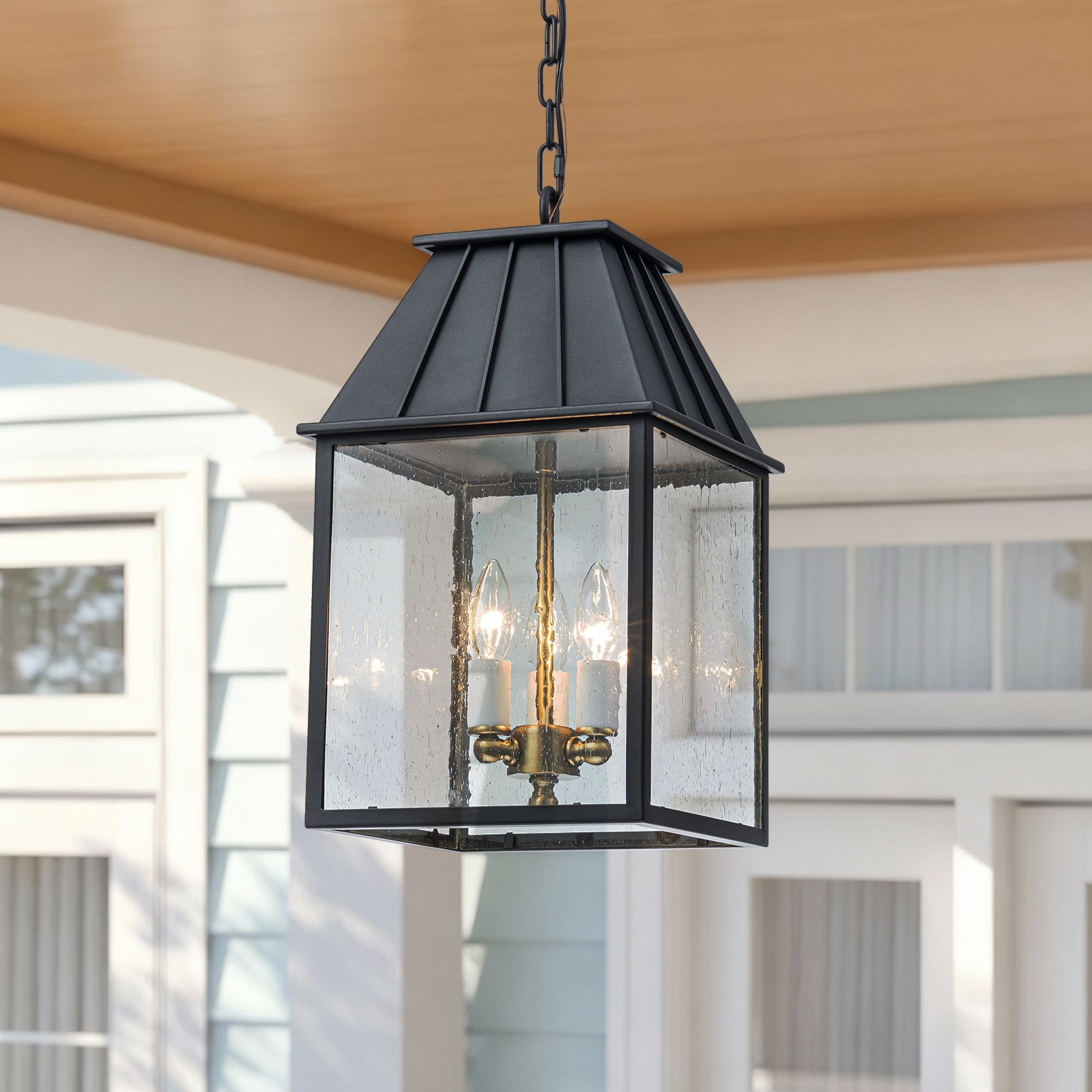 Modern Black 3-Light Outdoor Hanging Lantern Pendant Light with seeded Glass Shade - 10.6" W x 19.3" H