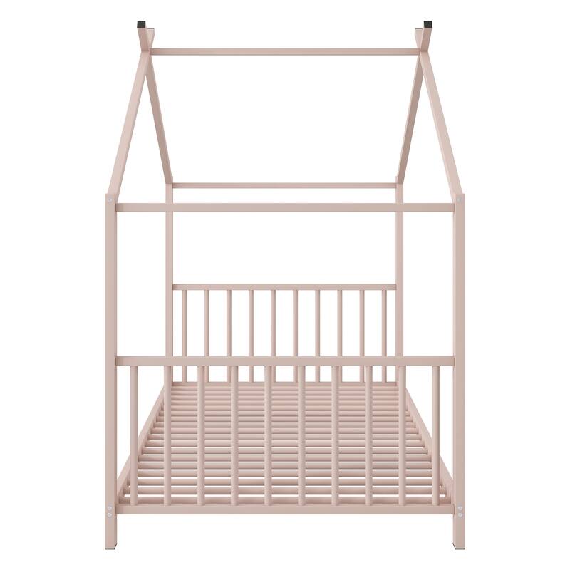 Roomfitters Twin Size House Bed, Modern Metal Floor Bed Frame with Roof, Sleek Scandi Style Sleep Space, Pink