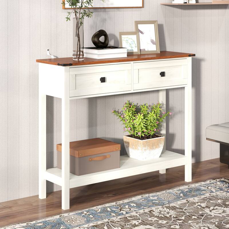 Homy Casa Farmhouse Console Table with 2 Drawers & Bottom Shelf