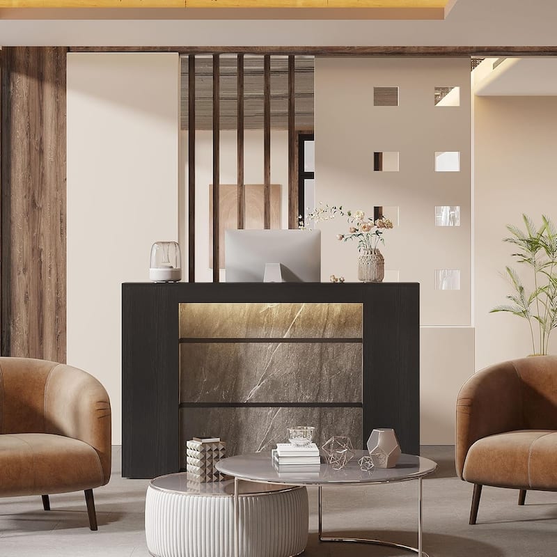 63-Inch Reception Counter with LED Lights, Lectern Podium/Checkout Desk for Office, Lobby, Salon, Retail, Classroom - Black+Grey