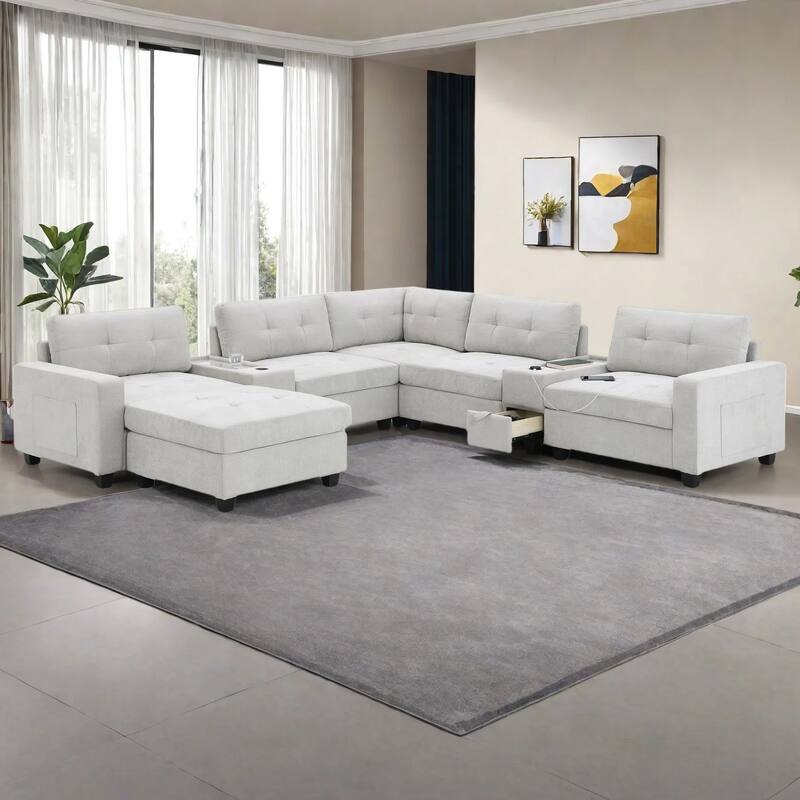 8-Piece Modular Chenille Sectional Sofa with Movable Ottoman, 2 Acrylic Top Consoles, Storage Drawers, Wireless & USB Charging