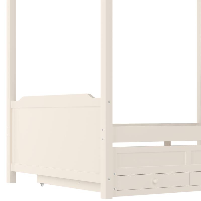 Full/Twin Platform Bed with Upholstered Headboard, Trundle & 3 Drawers, Princess Canopy Bed