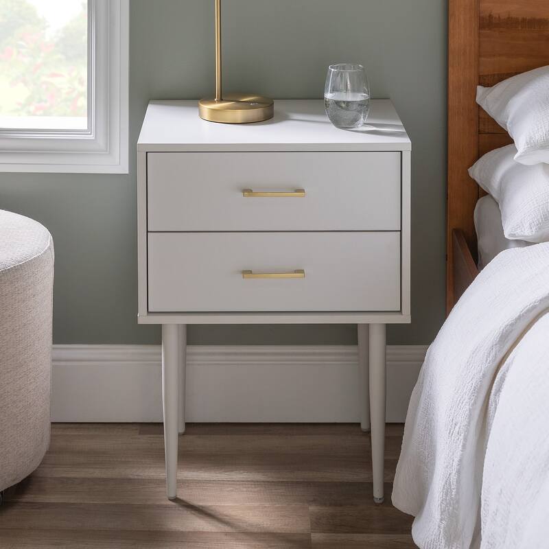 Mid-Century Modern 2-Drawer Nightstand with Tapered Legs and Gold Handles