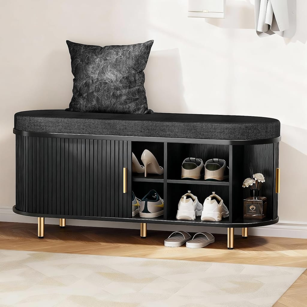 2-Tier Storage Bench,43.3" Shoe Bench with Thickened Padded Cushion,Mid Century Fluted Sliding Door and Adjustable Shelf